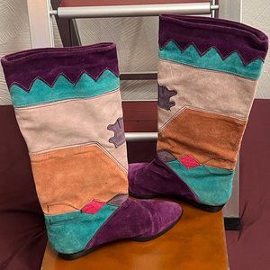 PAZZO? LEATHER CUT-OUT DESIGNS, SUEDE BOOTS MADE IN GREECE, purple teal, midcalf